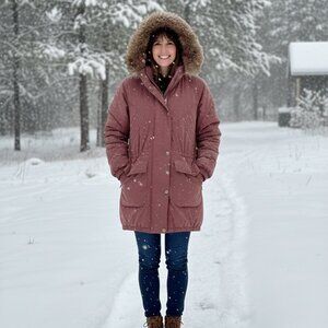 Ladies Dusty Rose Down filled coat with removable hood.